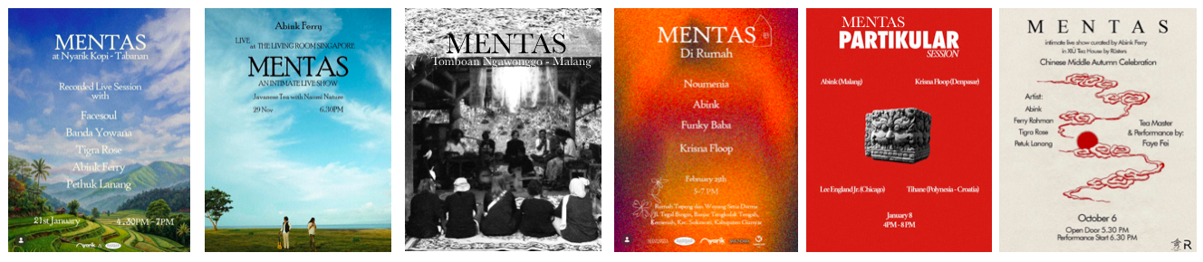 Mentas — owned brand activation poster series across multiple live shows and venues in Bali, 2025
